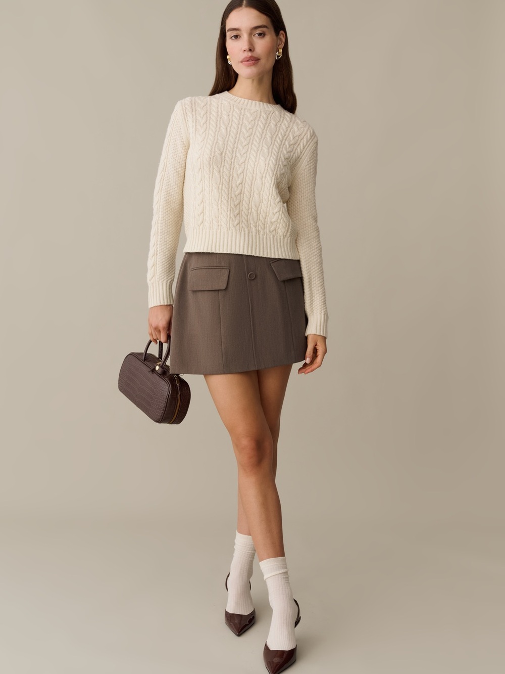 Kourt Koko Taupe/Gray/Brown Button-Front Mini Skirt with Flap Pockets - Picture 3 of 10